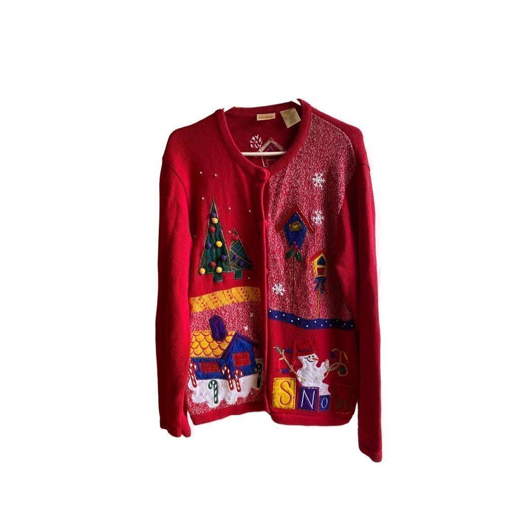Vtg Bobbie Brooks woman’s ugly Christmas embroidered cardigan XL
